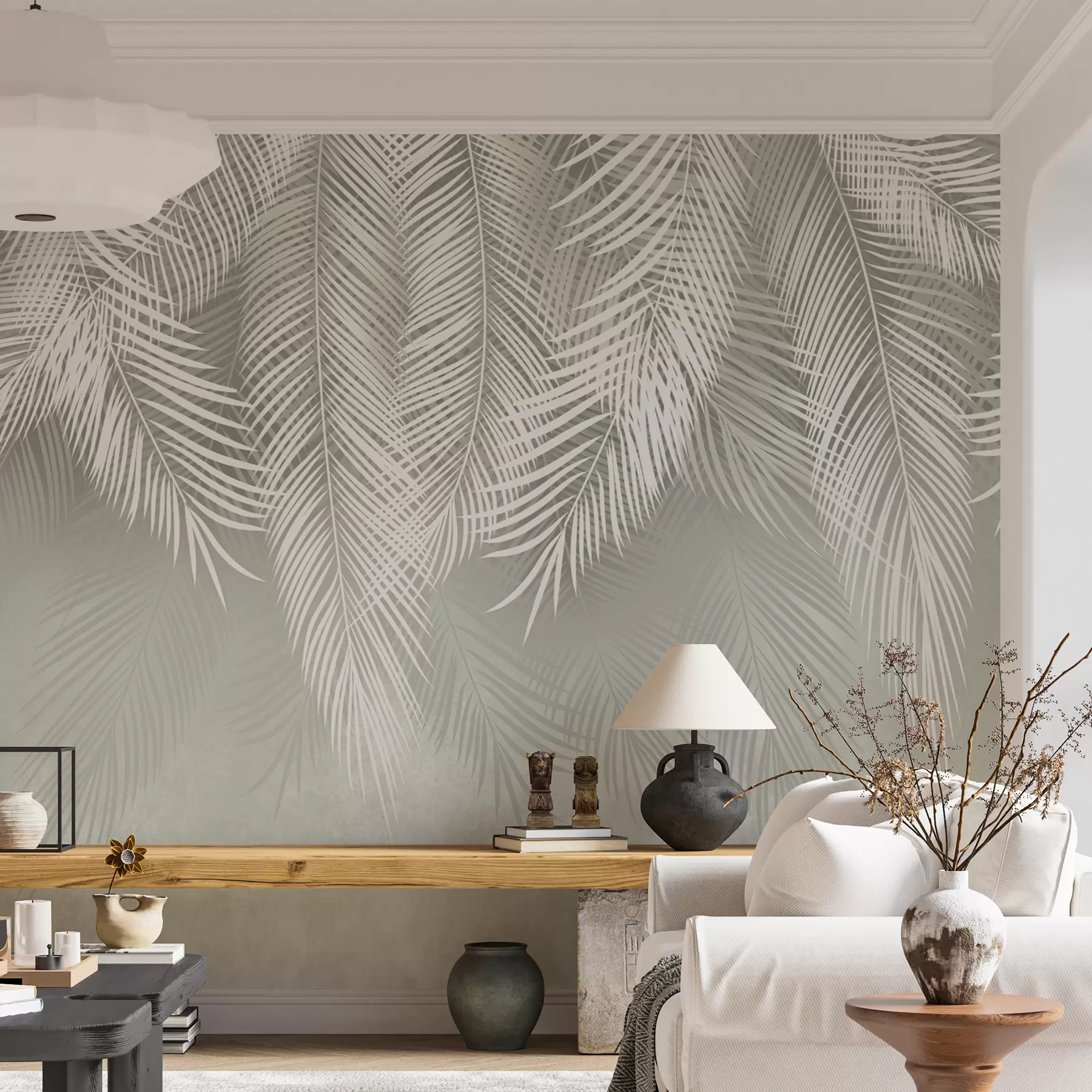 fototapeter Hvite palmer med grener på grønn bakgrunn u74489