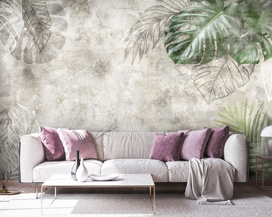 fototapeter Tropiske blader på en gammel vegg u93964