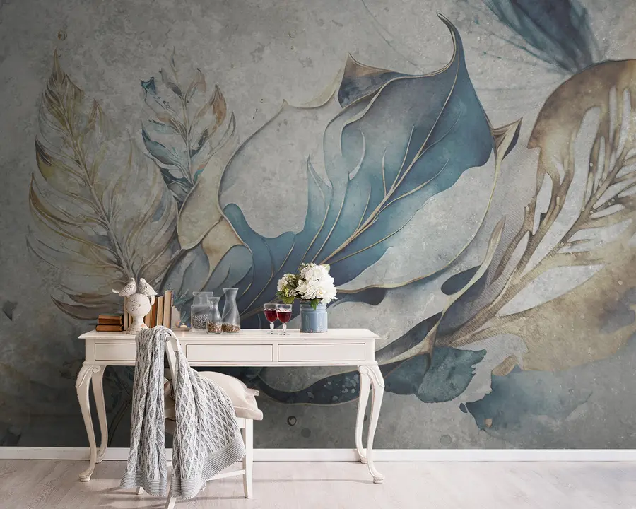 fototapeter Store akvarellblomster på en betongvegg u93998