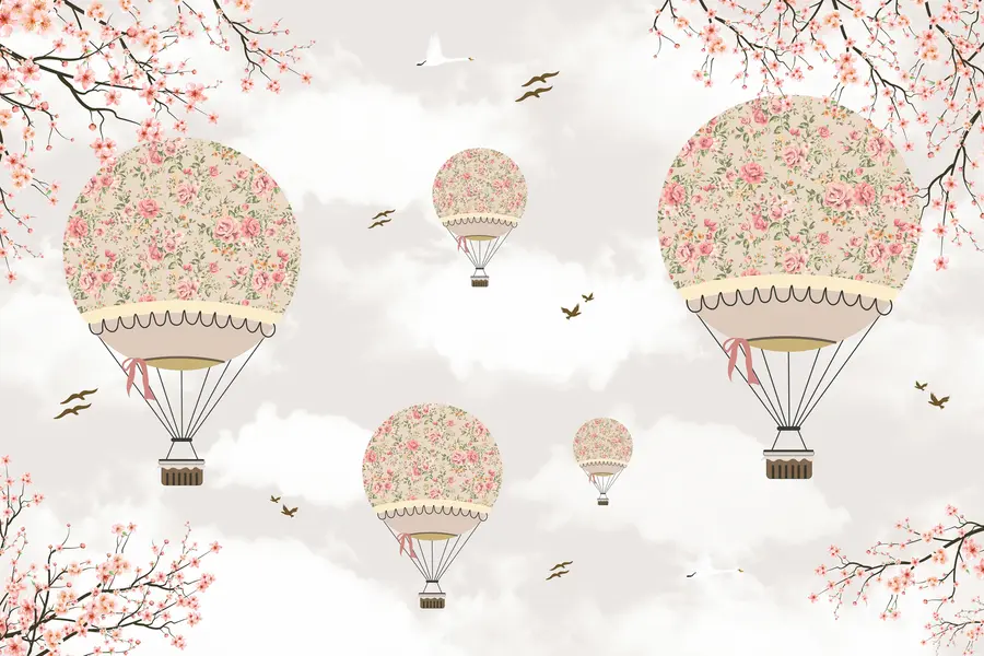 fototapeter Ballonger i blomster og sakura-grener u94445