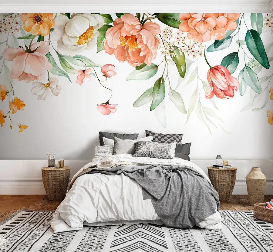 fototapeter Bukettkant - grønne blader og rosa blomster på hvit bakgrunn u94427