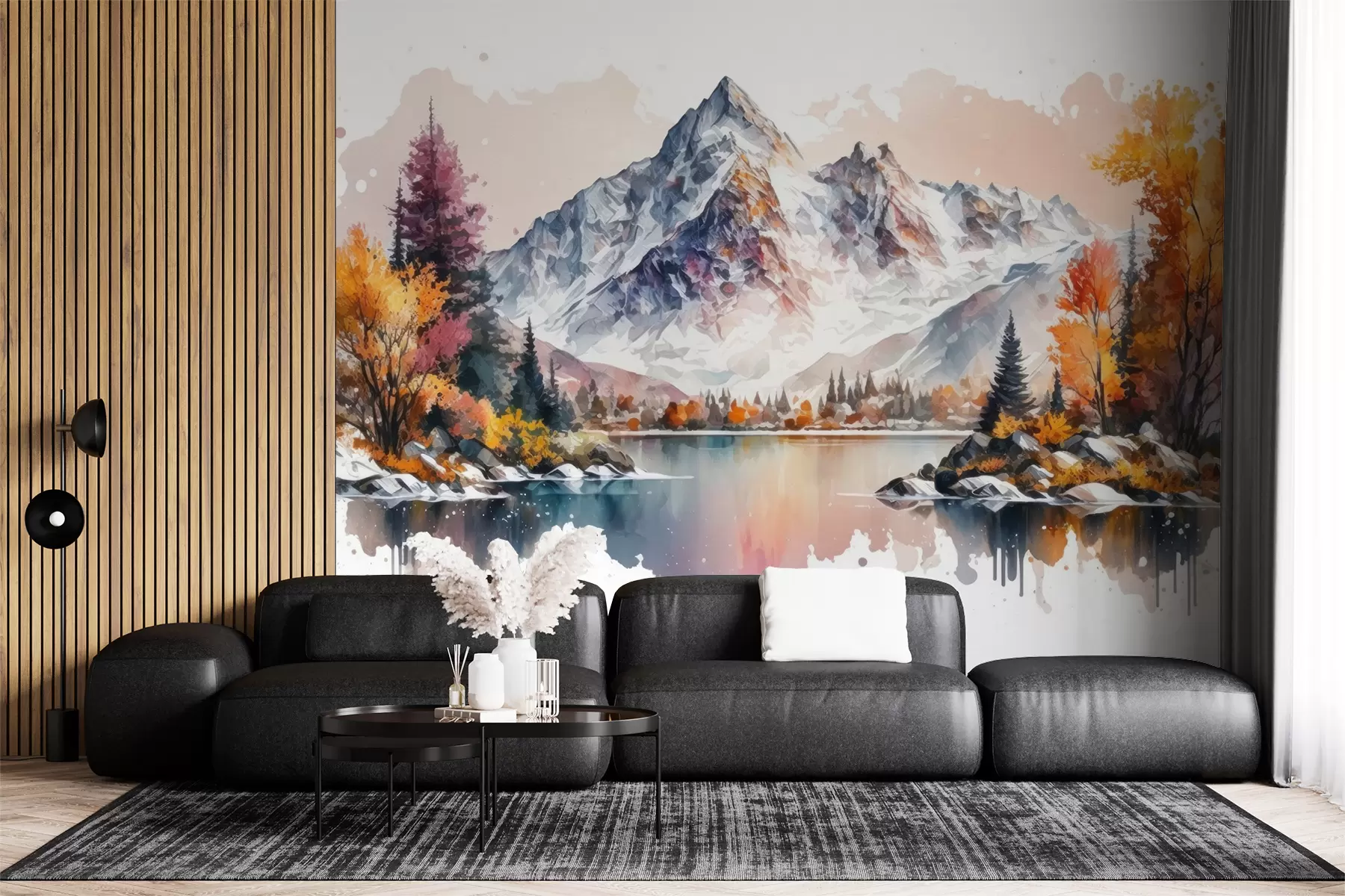 fototapeter Akvarell av høstlandskap i fjellet med snø på toppene u94782