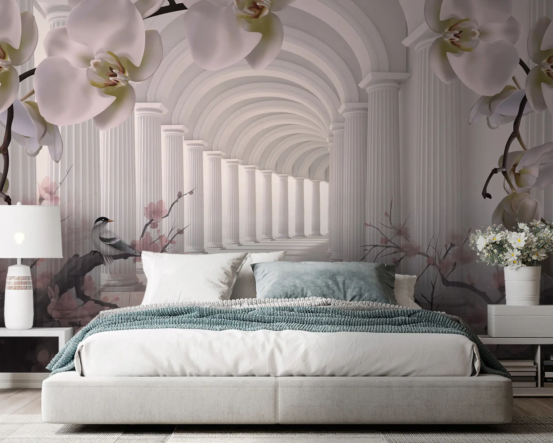 fototapeter Vakker tunnel med fugler og orkideer u94513