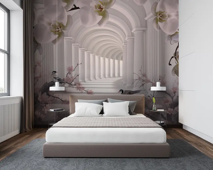 fototapeter Vakker tunnel med fugler og orkideer u94513