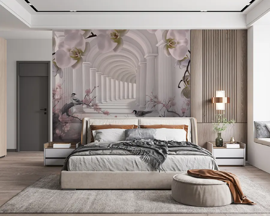 fototapeter Vakker tunnel med fugler og orkideer u94513