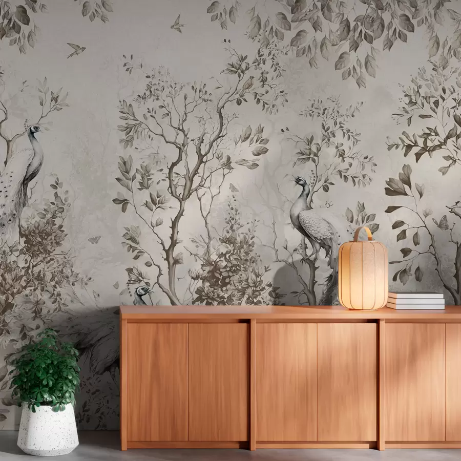 fototapeter En hage med skjøre fugler og påfugler u94850