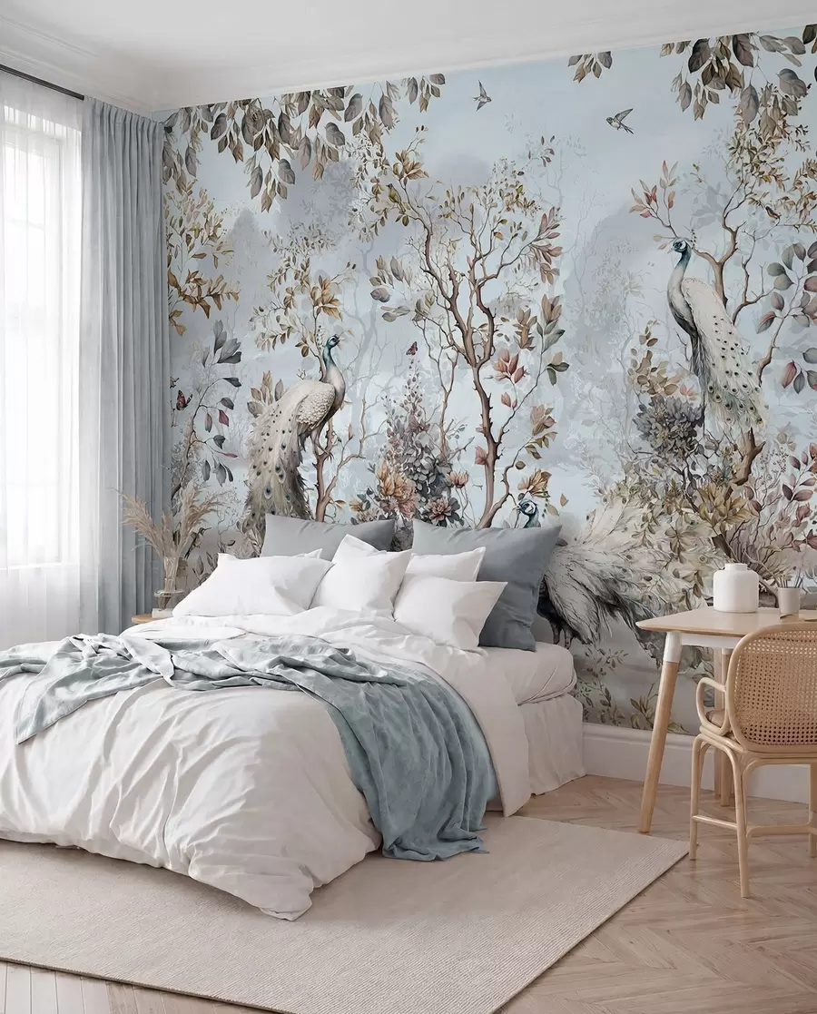 fototapeter Chinoiserie Planter og påfugler i kinesisk stil u94849