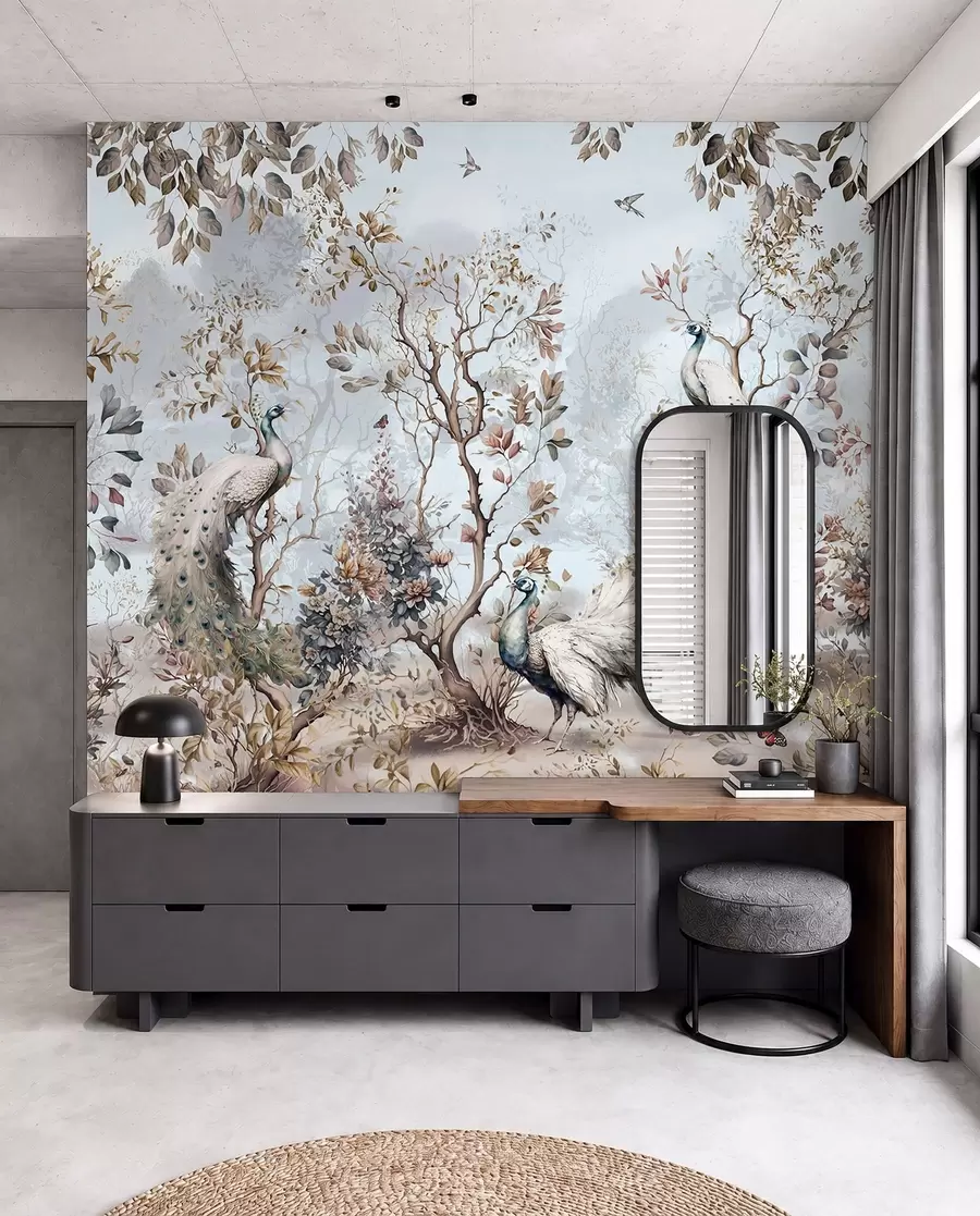 fototapeter Chinoiserie Planter og påfugler i kinesisk stil u94849