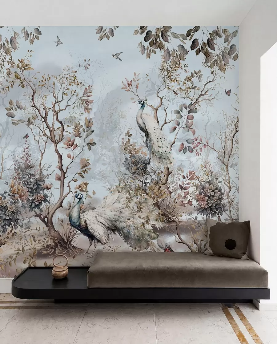 fototapeter Chinoiserie Planter og påfugler i kinesisk stil u94849