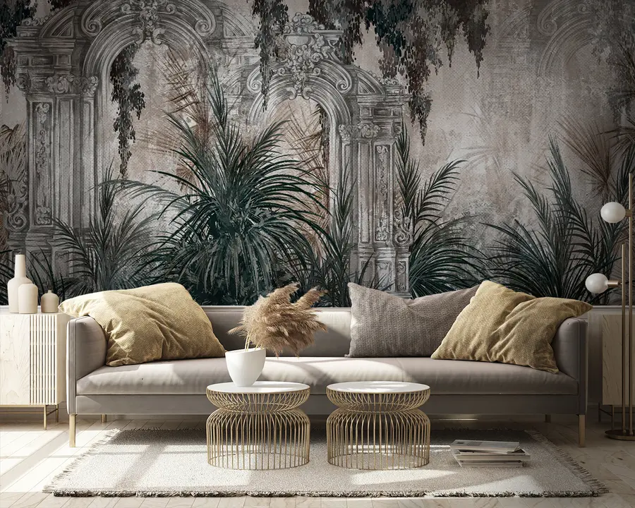 fototapeter Antikk arkitektur med tropiske blader u95500