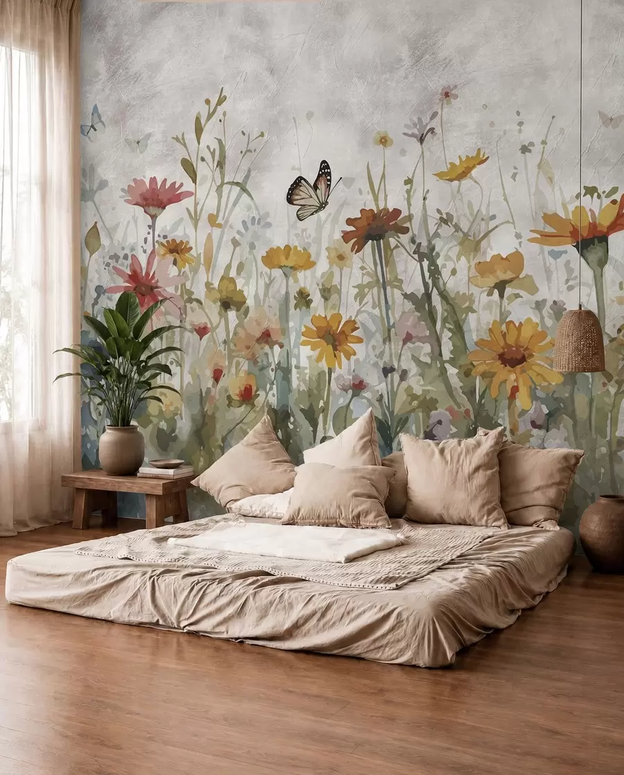 fototapeter Villblomster og sommerfugler i akvarellmaling u95406
