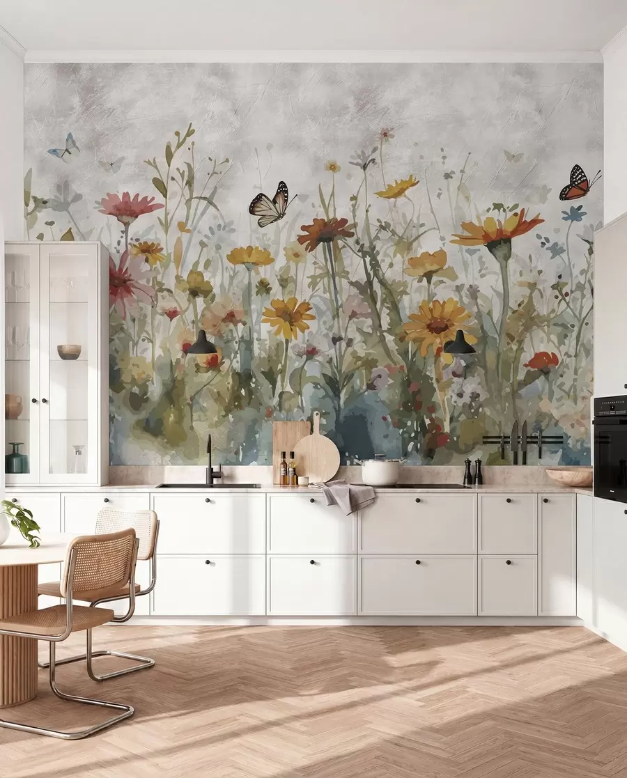 fototapeter Villblomster og sommerfugler i akvarellmaling u95406