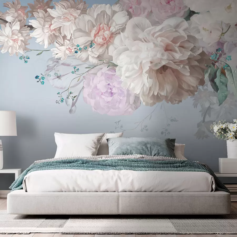 fototapeter Store, frodige blomster, hvite pioner på blå bakgrunn u95437