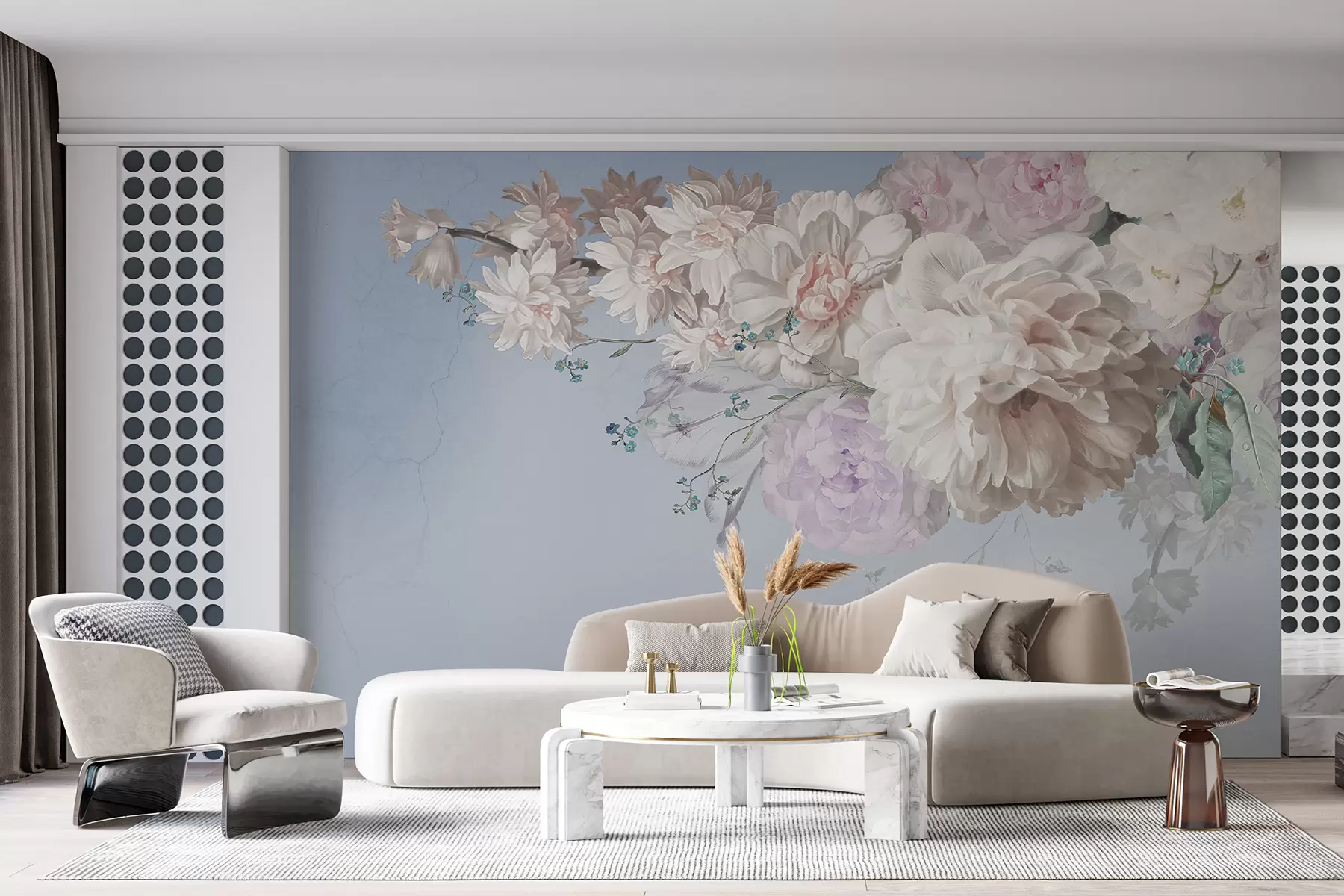 fototapeter Store, frodige blomster, hvite pioner på blå bakgrunn u95437