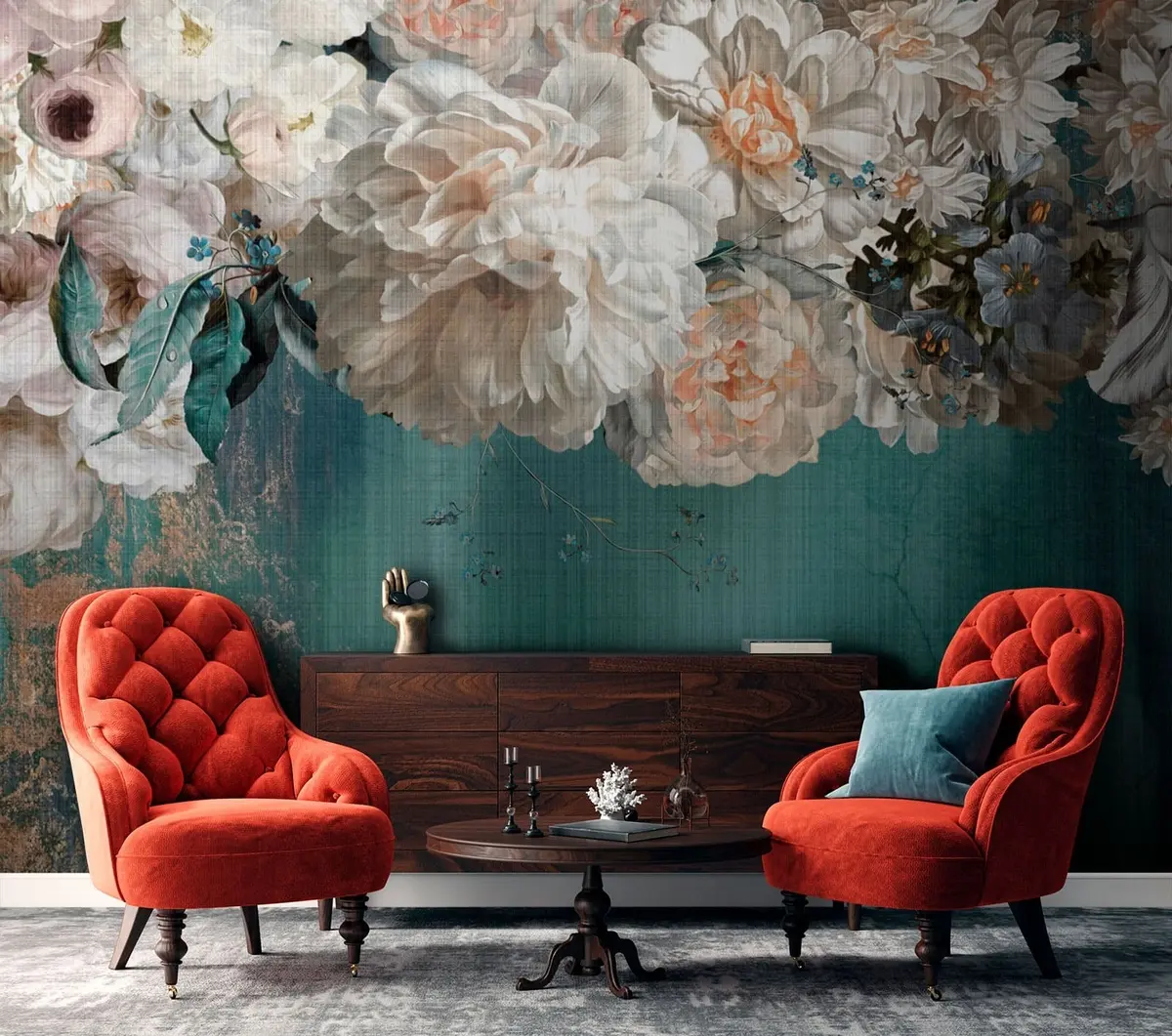 fototapeter Stor, frodig blomsterbukett med grunge-struktur u95430