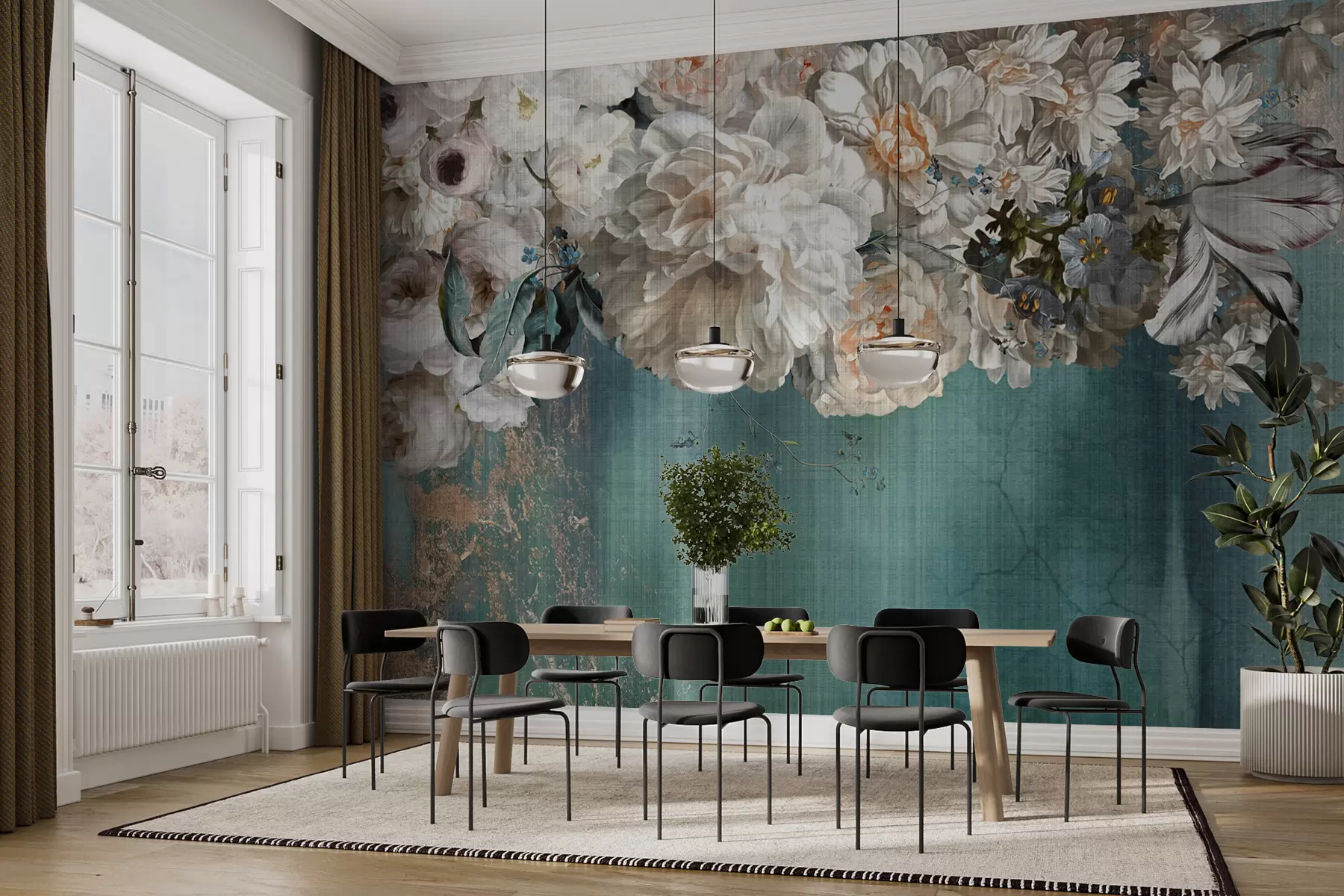 fototapeter Stor, frodig blomsterbukett med grunge-struktur u95430
