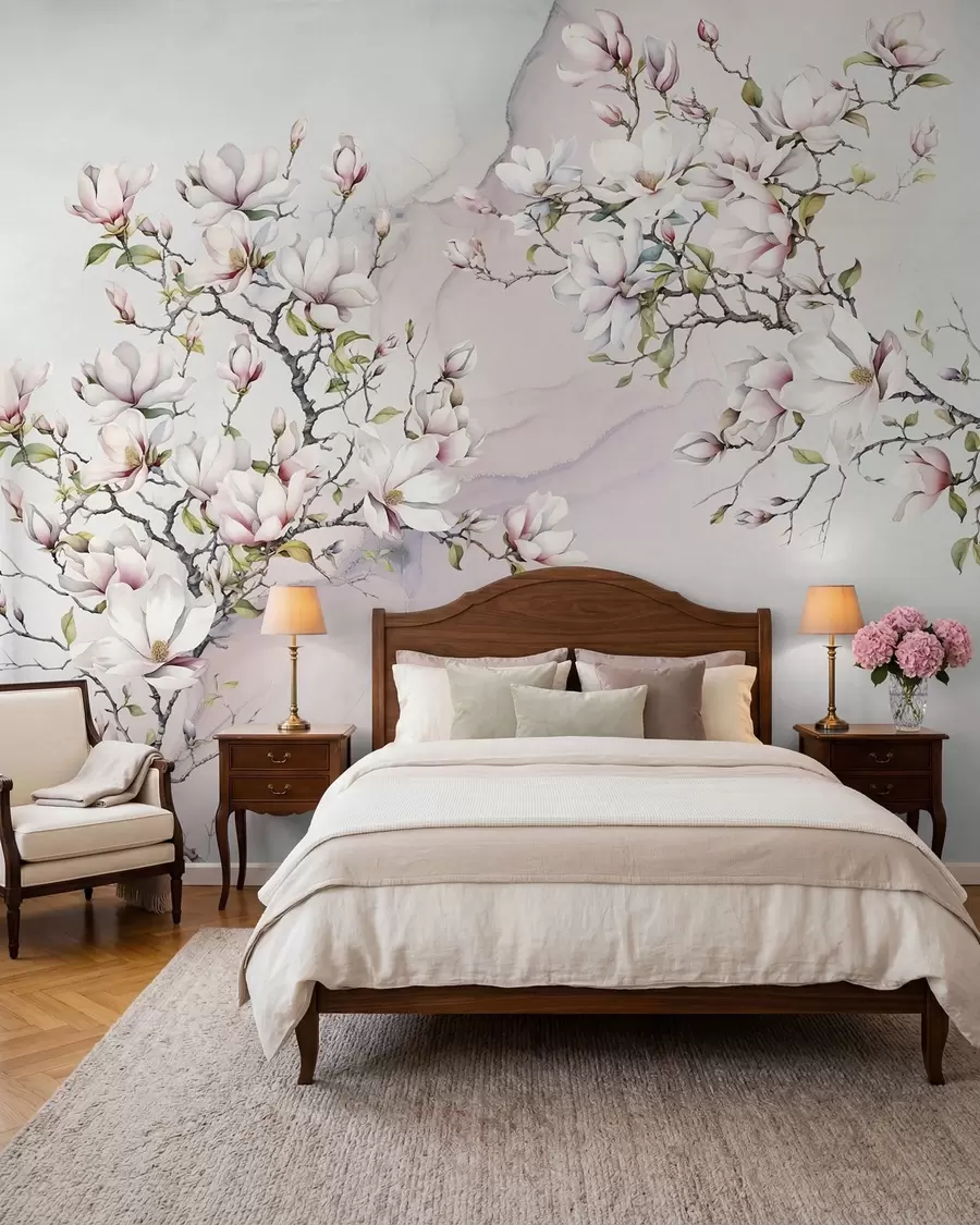fototapeter Blomstrende magnoliatrær på en marmorbakgrunn u96114