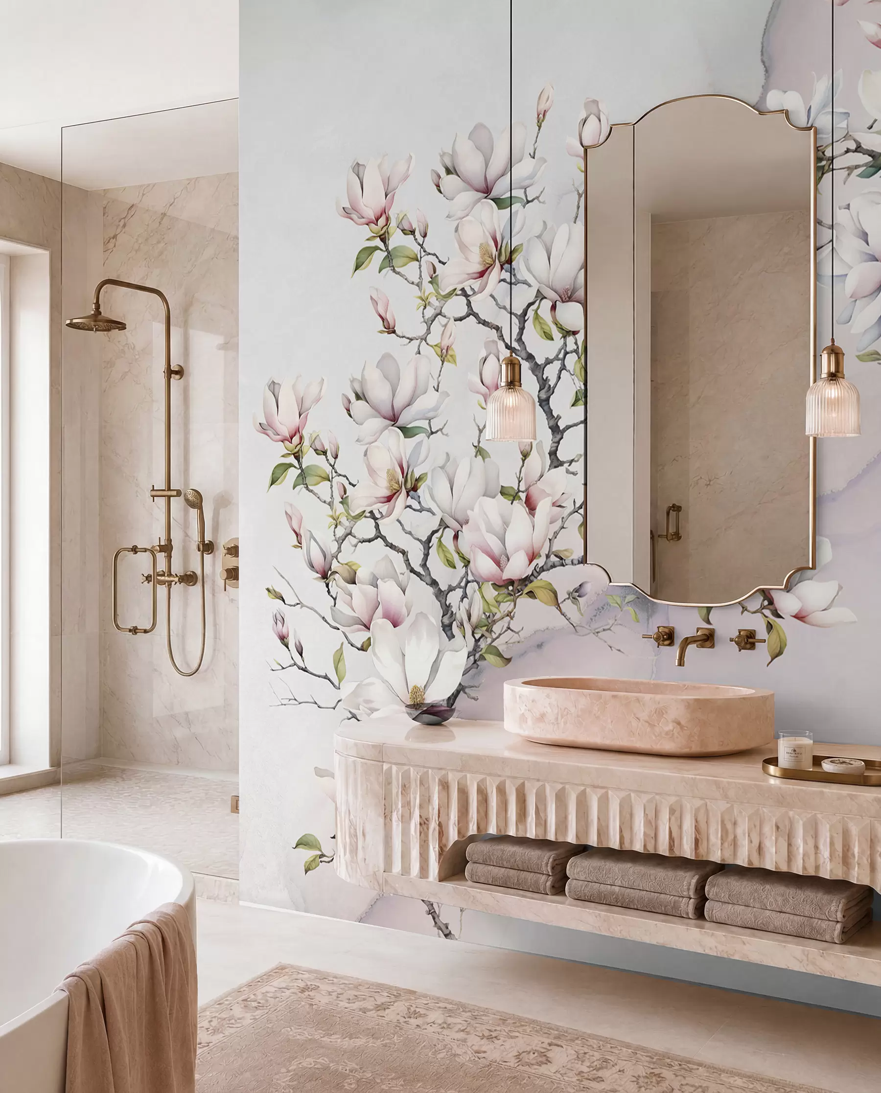 fototapeter Blomstrende magnoliatrær på en marmorbakgrunn u96114