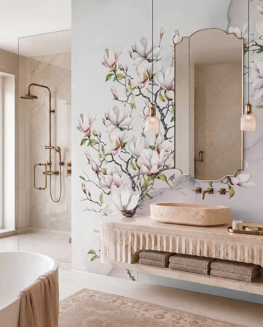 fototapeter Blomstrende magnoliatrær på en marmorbakgrunn u96114