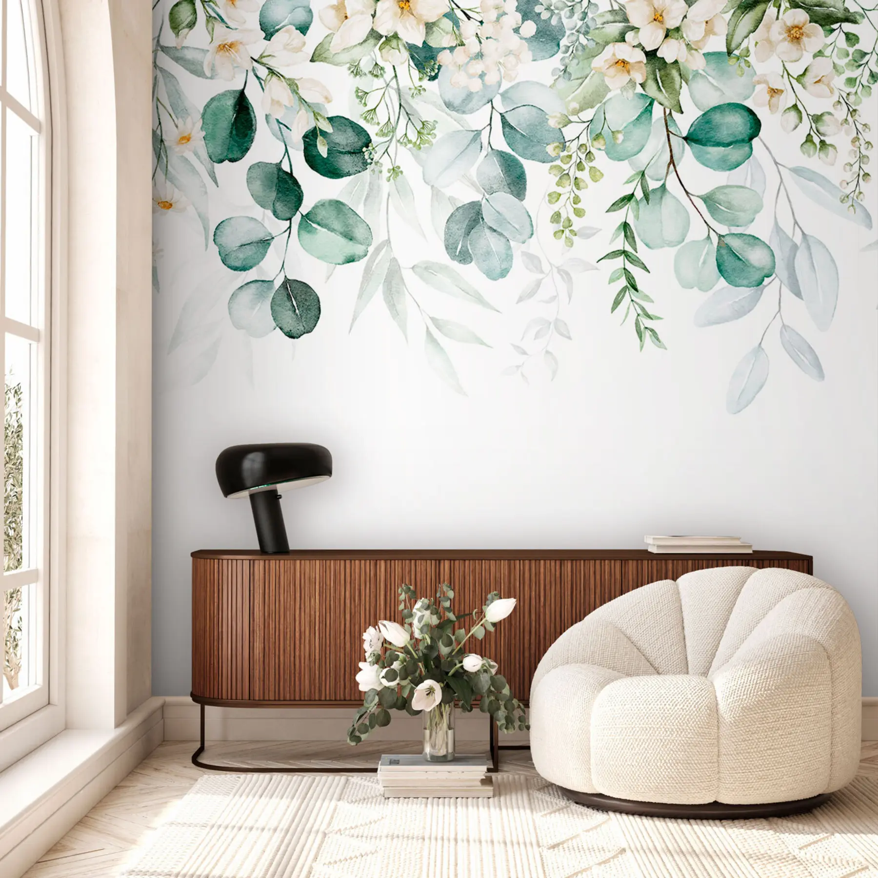 fototapeter Illustrasjon med grønne blader, hvite blomster, pioner og grener u96063