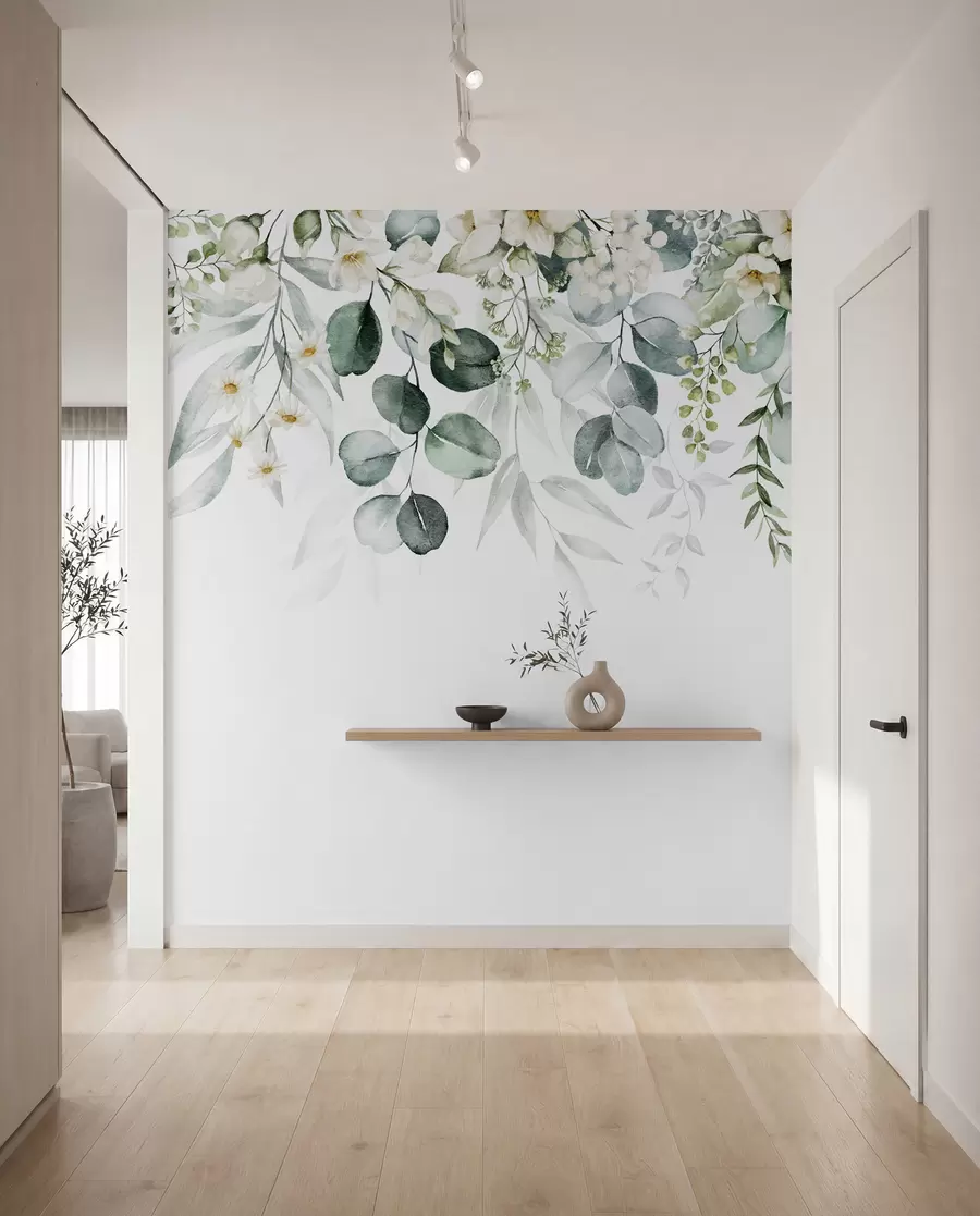 fototapeter Illustrasjon med grønne blader, hvite blomster, pioner og grener u96063