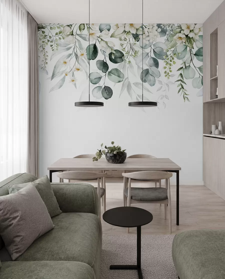 fototapeter Illustrasjon med grønne blader, hvite blomster, pioner og grener u96063