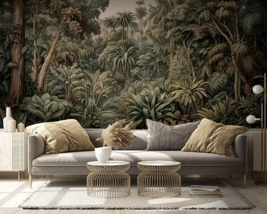 fototapeter Vakker, abstrakt grønn jungel med tropiske blader u96093