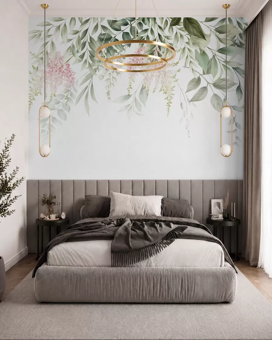 fototapeter Løvverk med rosa blomster u95923