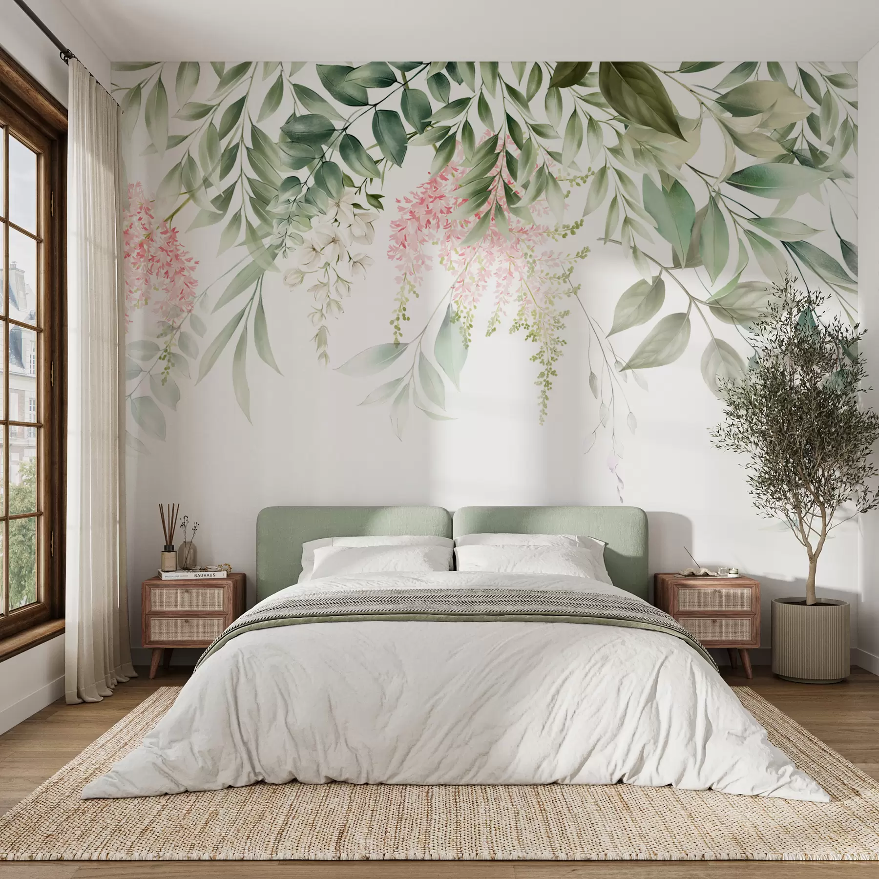 fototapeter Løvverk med rosa blomster u95923