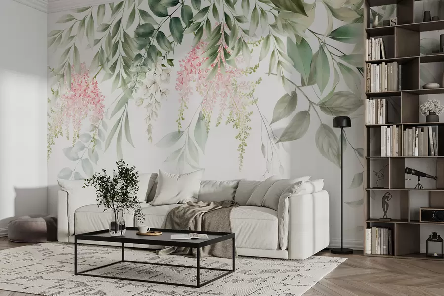 fototapeter Løvverk med rosa blomster u95923