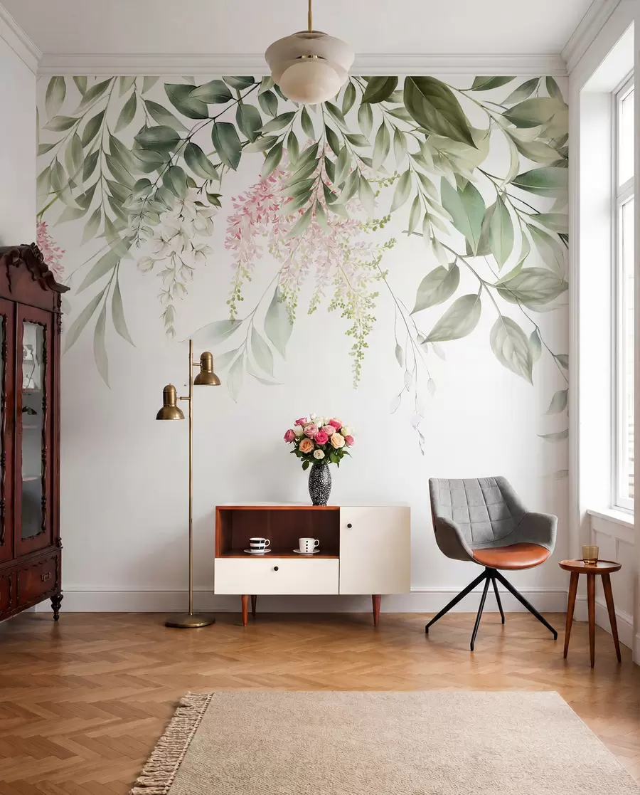 fototapeter Løvverk med rosa blomster u95923