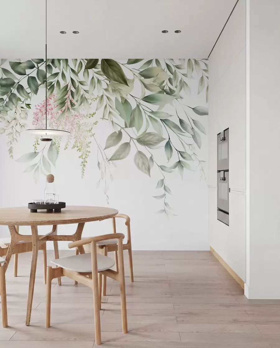 fototapeter Løvverk med rosa blomster u95923