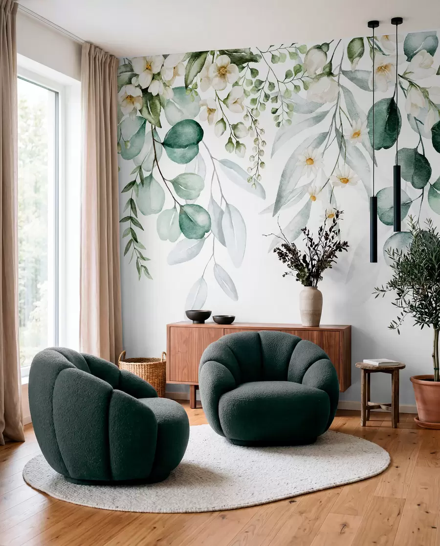 fototapeter Grønne blader med blomster i akvarell u96336