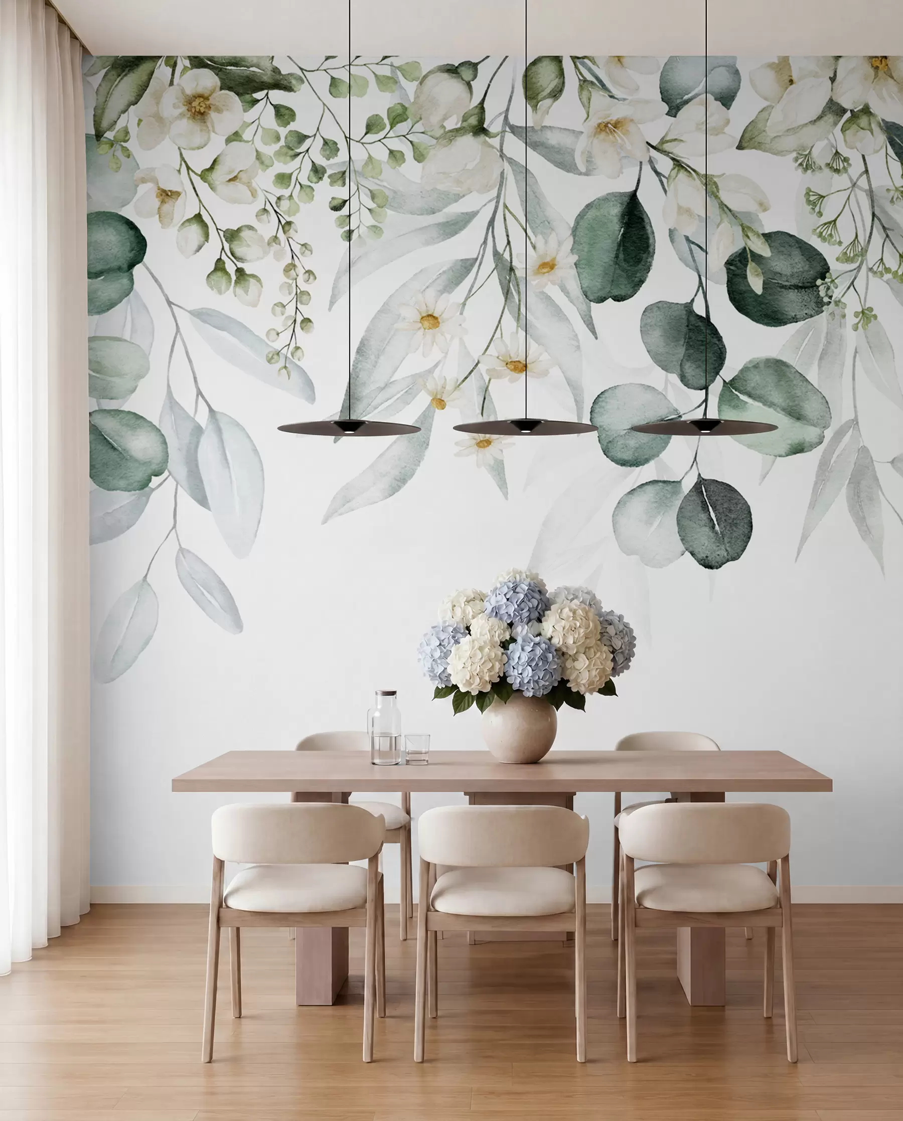 fototapeter Grønne blader med blomster i akvarell u96336