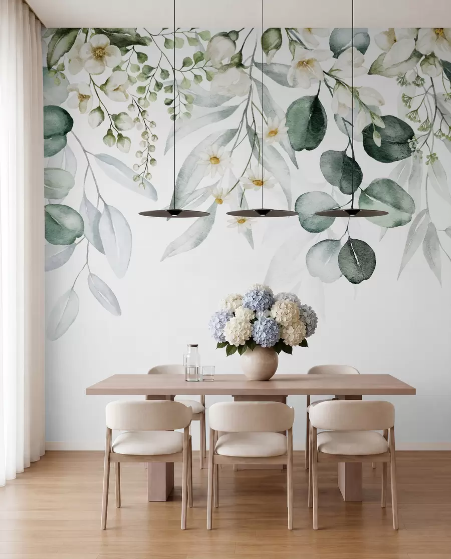 fototapeter Grønne blader med blomster i akvarell u96336