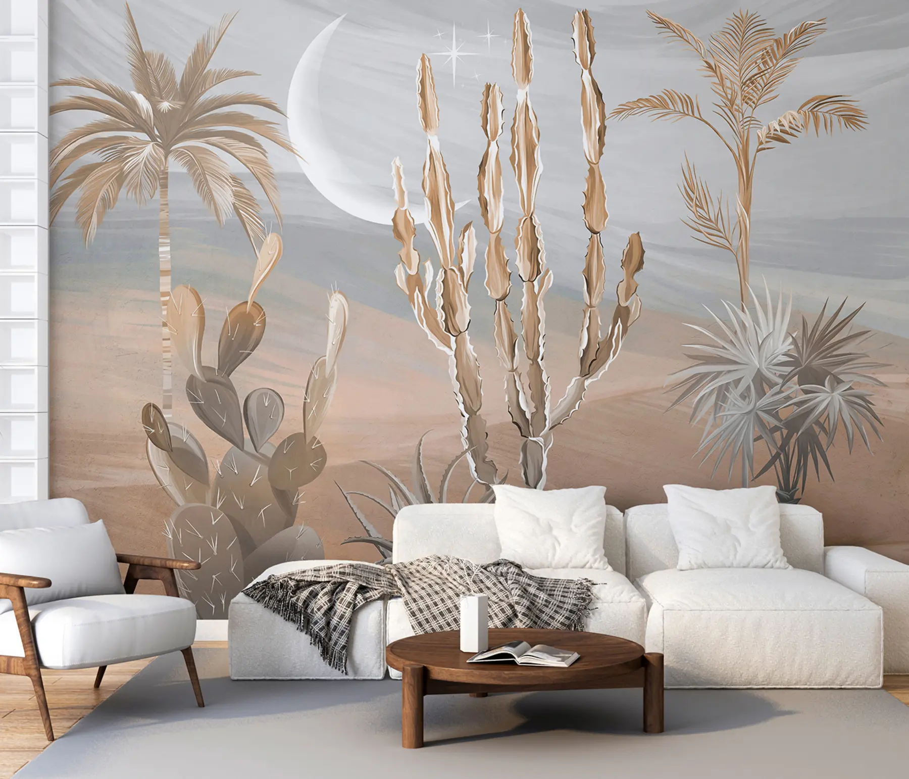 fototapeter 3D-ørken med kaktus og tropiske blader u96444