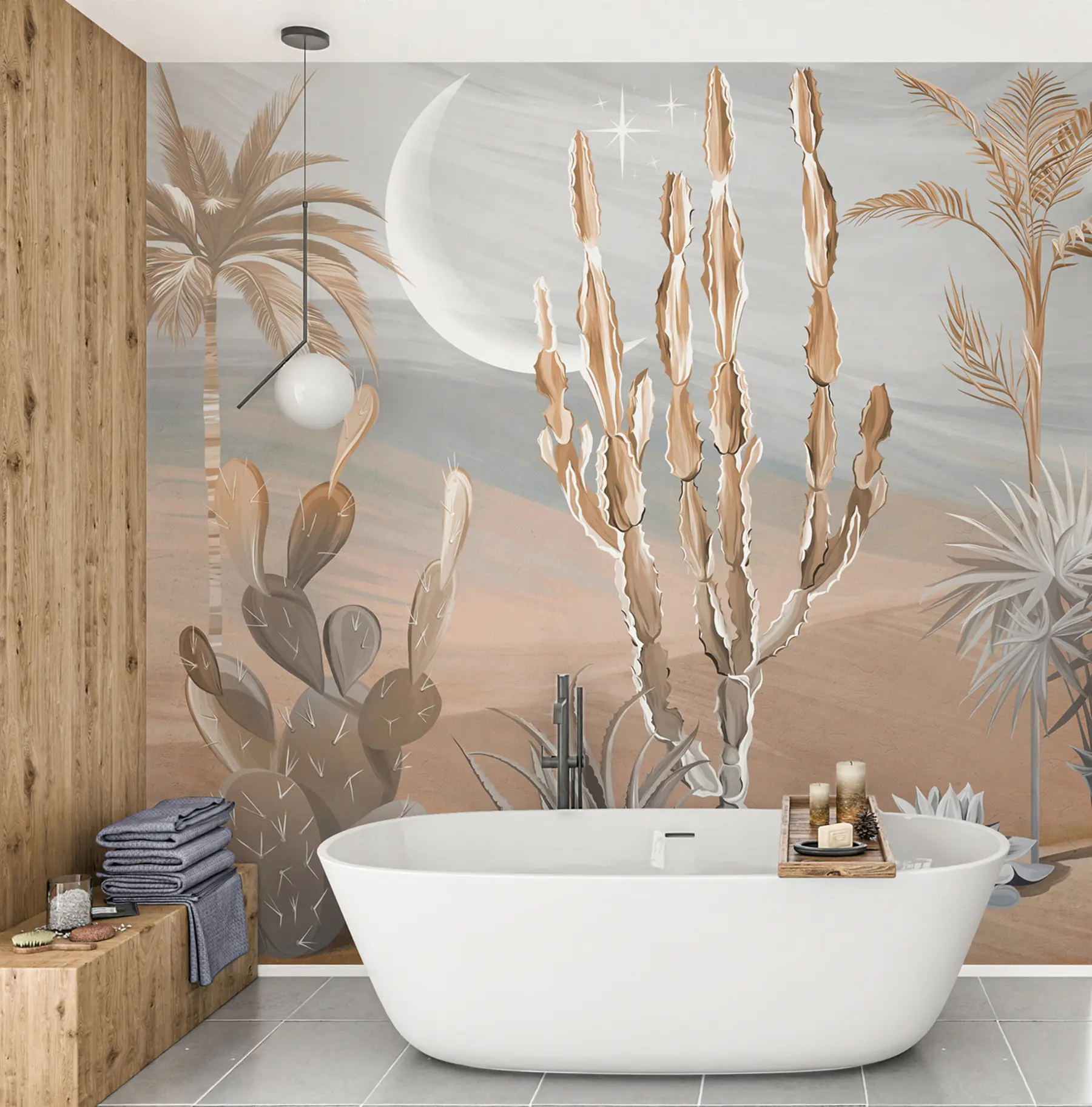 fototapeter 3D-ørken med kaktus og tropiske blader u96444