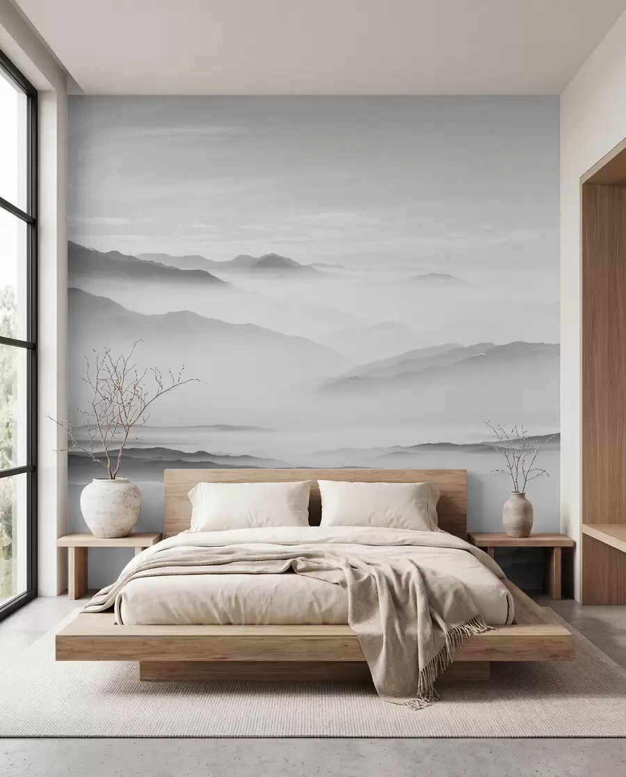 fototapeter Utsikt over de grå fjellene i tåke og minimalistisk monokrom minimalisme u96922