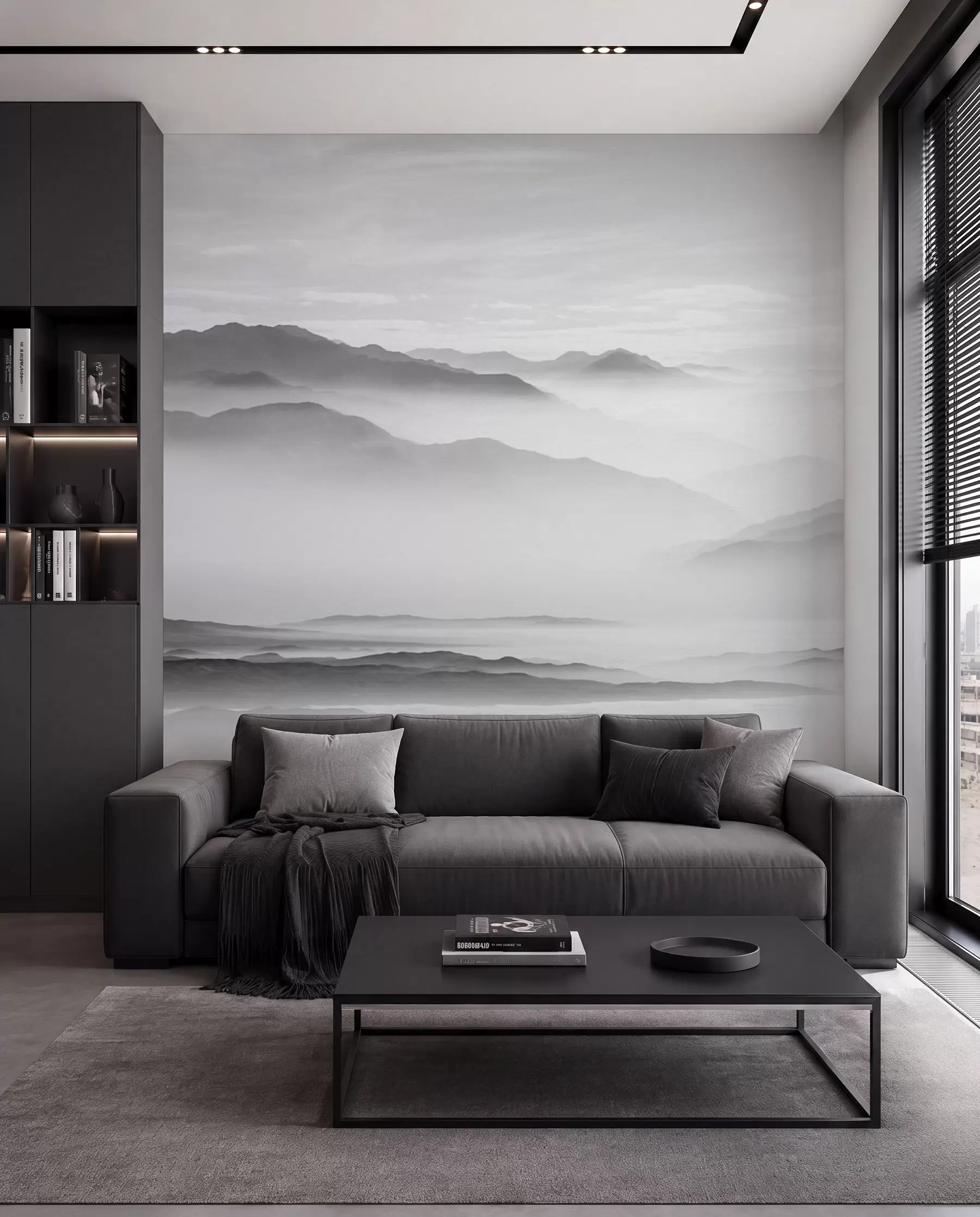 fototapeter Utsikt over de grå fjellene i tåke og minimalistisk monokrom minimalisme u96922
