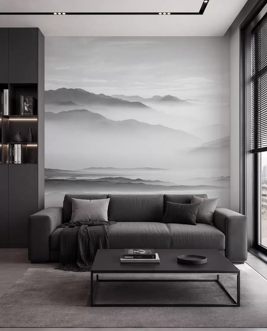 fototapeter Utsikt over de grå fjellene i tåke og minimalistisk monokrom minimalisme u96922
