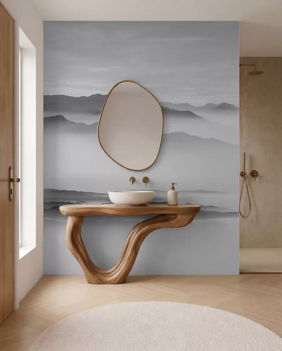 fototapeter Utsikt over de grå fjellene i tåke og minimalistisk monokrom minimalisme u96922