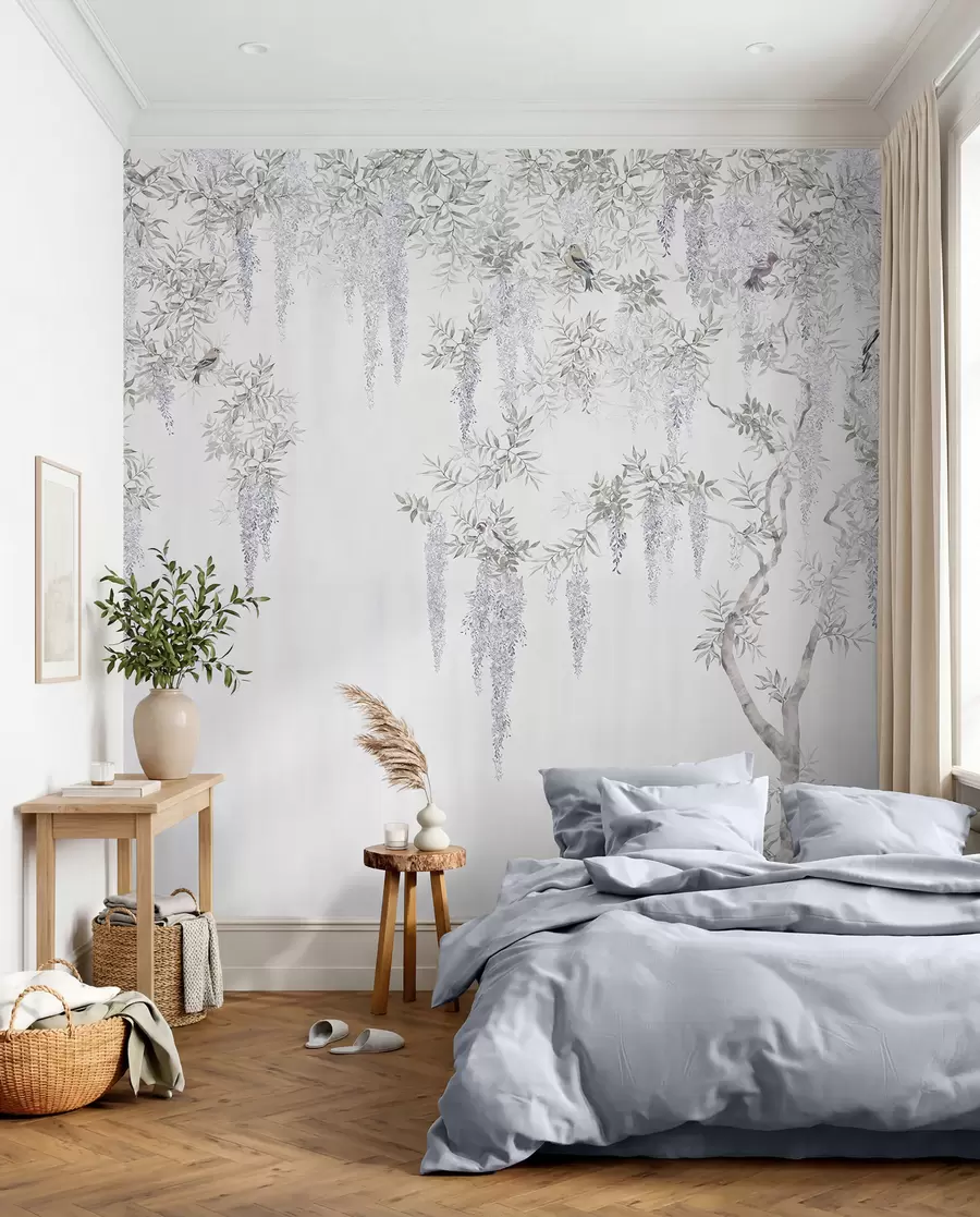 fototapeter Blomster av blåregn, blåregn, minimalisme, monokrom, loft og japansk stil u96928