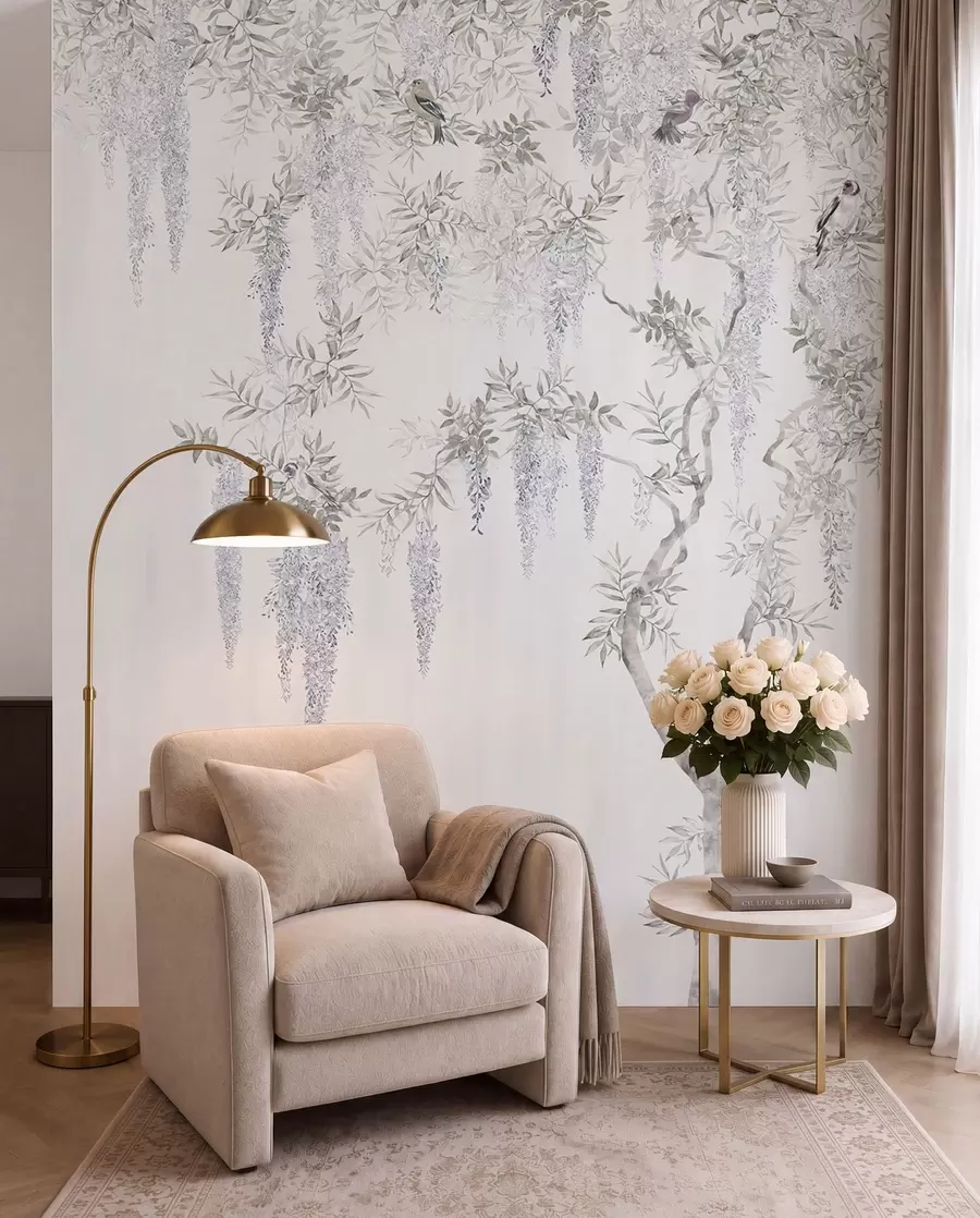 fototapeter Blomster av blåregn, blåregn, minimalisme, monokrom, loft og japansk stil u96928