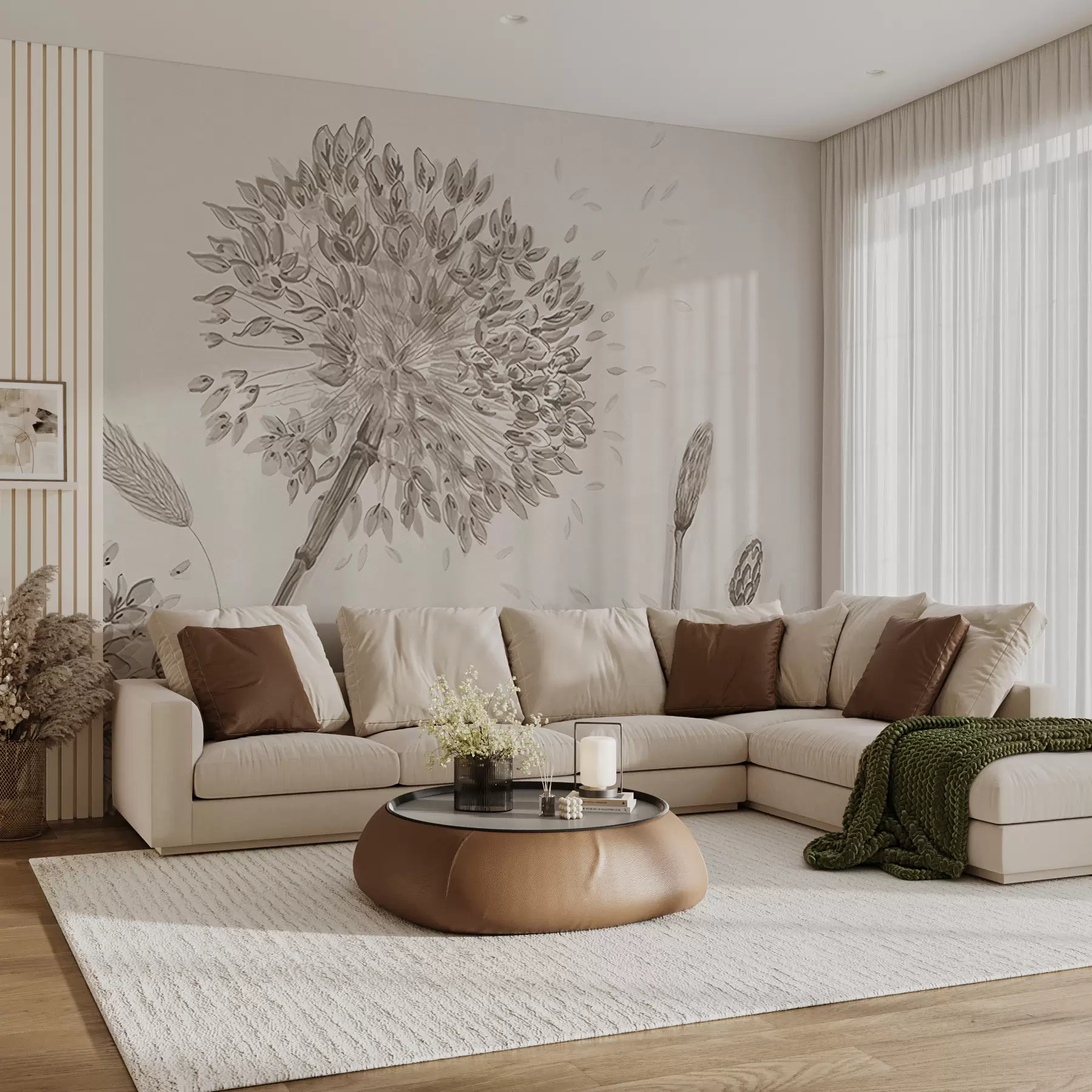 fototapeter Store engblomster av løvetann monokrom stil loft minimalisme u96934