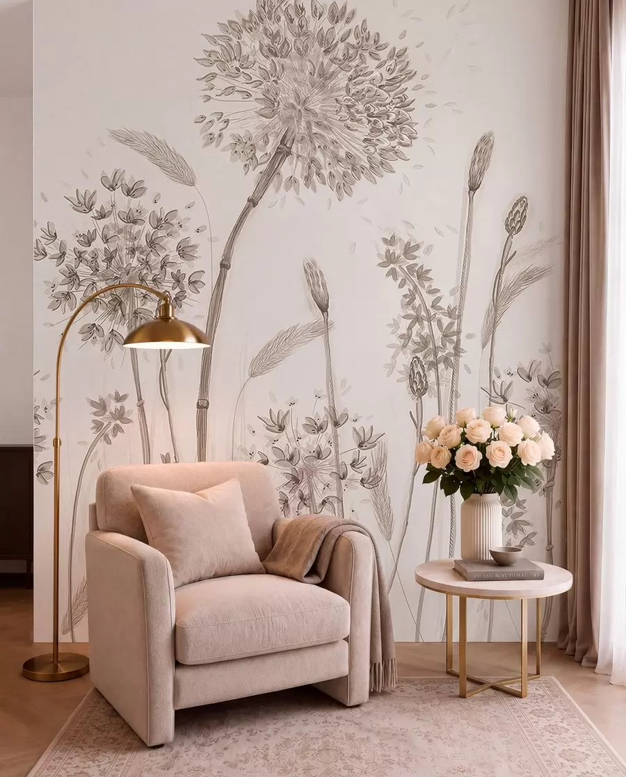 fototapeter Store engblomster av løvetann monokrom stil loft minimalisme u96934