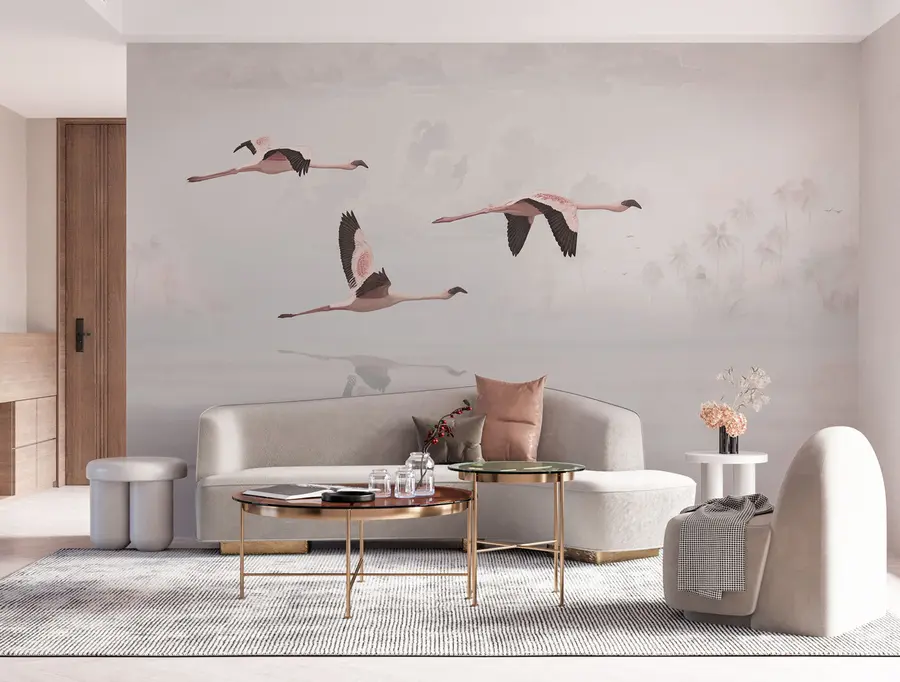 fototapeter Rosa flamingoer over tropisk jungelstrand og hav u97457