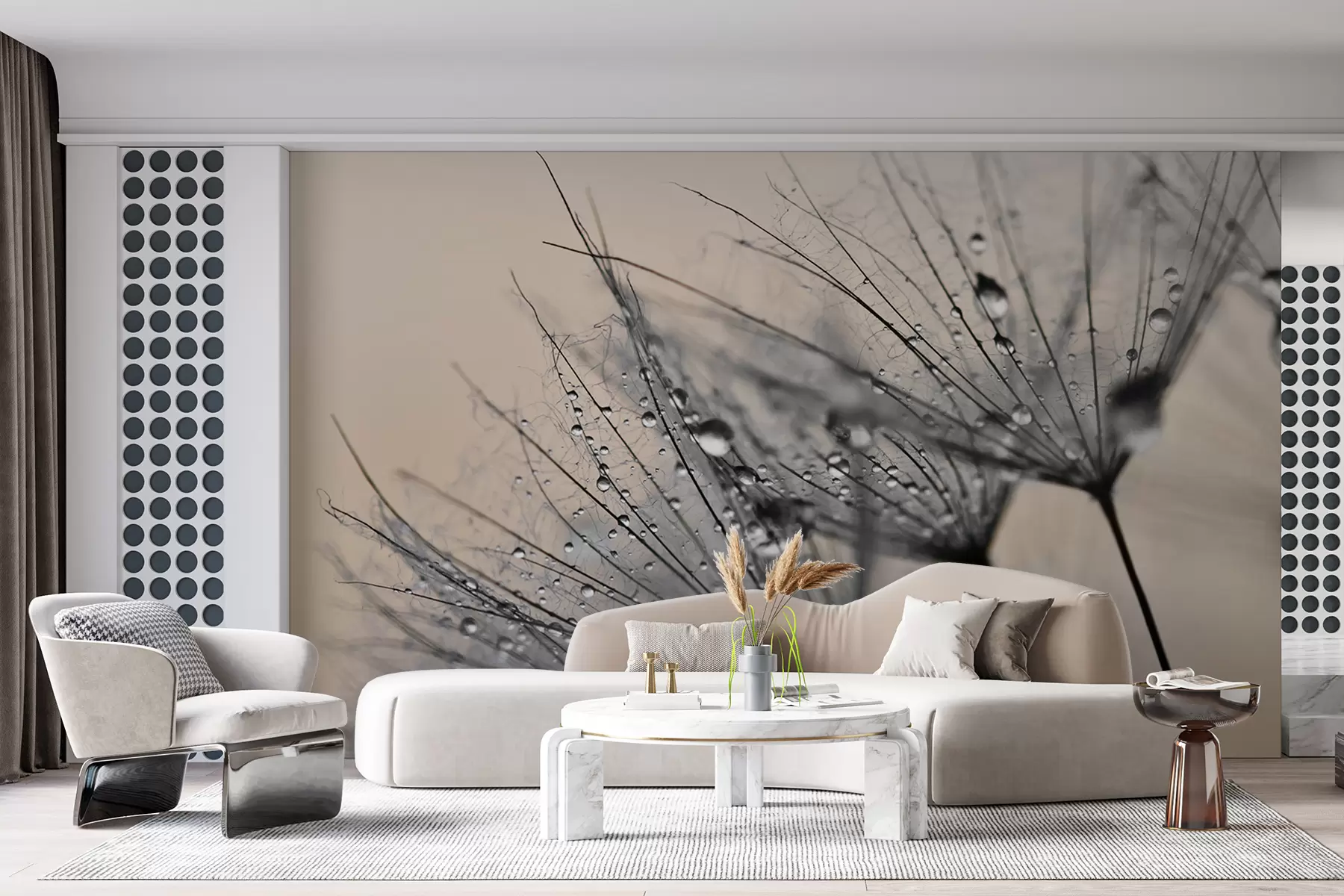 fototapeter Løvetann med grå vanndråper u57557v2