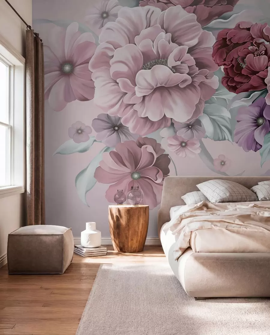 fototapeter Delikate blå blomster i rosa farger u59900v1