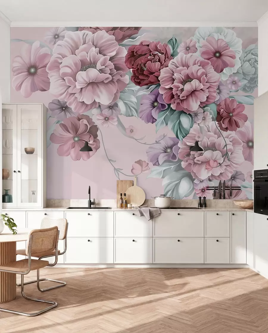 fototapeter Delikate blå blomster i rosa farger u59900v1