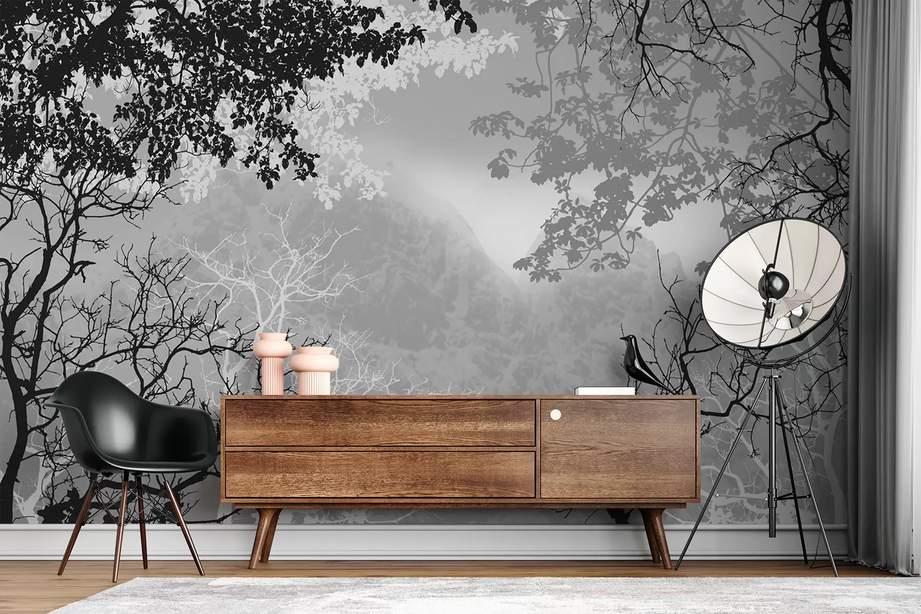 fototapeter Skogsillustrasjon på bakgrunn av fjell med tåke u98050